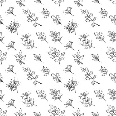 Okaliptüs, böğürtlen, gül ağacı gibi yaprakları olan gerçekçi soyut dallı kusursuz desen. El çizimi vektör çizimi çizimi klasik oymalı çizim sanatı tarzında. Tekrarlanabilir arkaplan