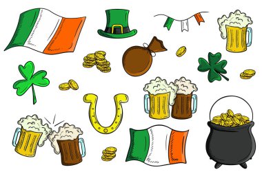 Colored collection of realistic Saint Patrick's day elements: green clover, Ireland flag, string with flags, bag with money, golden coins. Mugs of beer, horseshoe, cauldron vector sketch illustration
