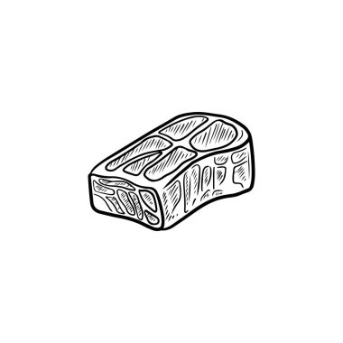 Beyaz arka planda siyah izole edilmiş taze ve lezzetli domuz eti galantinisi. El çizimi vektör çizimi çizimi, karalama klasik oyma stiliyle. Yemek kavramı, kasap dükkanı, biftek.