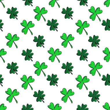 Seamless pattern with green clover isolated on white background. Hand drawn vector silhouette sketch illustration in doodle engraved vintage outline style. St. Patrick's day, lucky, botanical, plant clipart