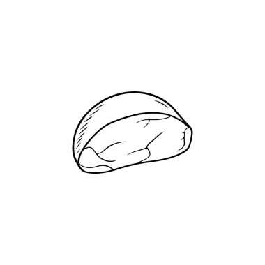 Lezzetli, pişmiş sosisin yarısı siyah, beyaz arka planda izole. El çizimi vektör çizimi çizimi, klasik çizim sanat oymacılığı tarzında. Yemek, kasap, jambon.