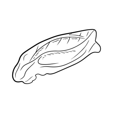 Beyaz arka planda siyah renkte, büyük, gerçekçi bir somon balığı filetosu. El çizimi vektör çizimi çizimi, karalama, klasik çizim tarzı. Kasap, yemek, menü, yemek tarifi.