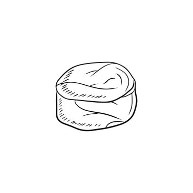 Lezzetli, pişmiş sosisin yarısı siyah, beyaz arka planda izole. El çizimi vektör çizimi çizimi, klasik çizim sanat oymacılığı tarzında. Yemek, kasap, jambon.