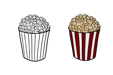 Beyaz arka planda tuzlu karamel izole edilmiş patlamış mısırlı, kırmızı ve beyaz çizgili büyük bir karton kutu. Sinemada film izlemek için lezzetli atıştırmalıklar. El çizimi vektör çizimi çizimi