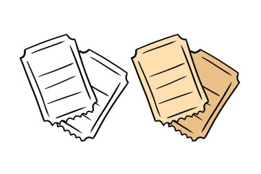 Beyaz arka planda izole edilmiş iki adet siyah-beyaz ve renkli sinema bileti şablonu. El çizimi vektör çizimi çizimi. Karalama işlemeli vintage tarzı. Kültürel eğitim kavramı