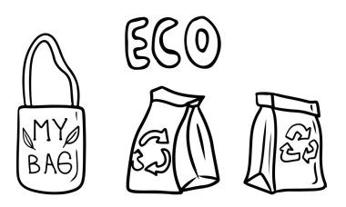 Alışveriş için kullanılabilir çevre dostu çantalar seti. Ürünler için karton geri dönüşüm torbası ve çantamda pamuk peçete satıcısı. Çizimde el çizimi vektör çizimi çizimi çizimi