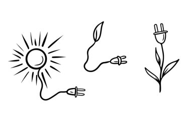 Doğal kaynaklar, enerji gücü hakkında bir dizi çizim. Beyaz arka planda siyah prizli güneş, yaprak ve çiçek. Gezegeni kurtarın, çevre dostu. El çizimi vektör çizimi