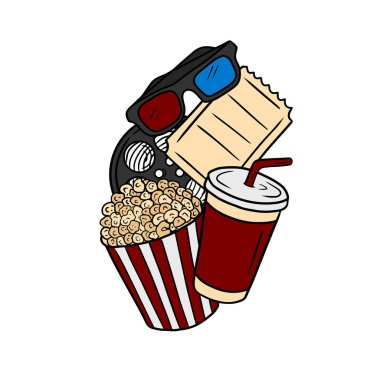Patlamış mısır, gazoz, 3D bardaklar, bilet ve film şeritleri beyaz arka planda izole edilmiş kırmızı, mavi ve sarı renkli sinema kulübü davetiyesi. El çizimi vektör çizimi çizimi