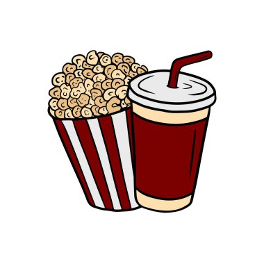 Beyaz üzerine izole edilmiş kırmızı ve beyaz çizgili tek kullanımlık paketleri olan patlamış mısır ve soda seti. El çizimi vektör çizimi çizimi karalama işlemeli sanat klasiği biçimi