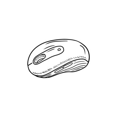 Siyah giyen gerçekçi kablosuz bilgisayar faresi beyaz arka planda izole edilmiş. El çizimi vektör çizimi çizimi, karalama klasik oymalı taslak, çizgi sanatı tarzı. Masaüstü bilgisayar ekipmanları çalışıyor