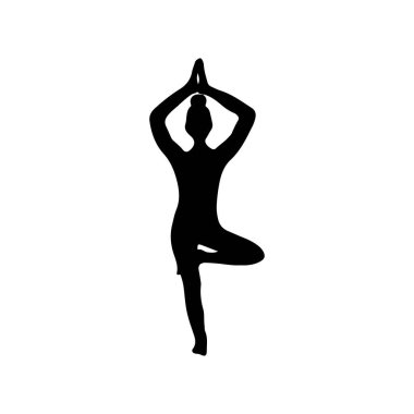 Elleri başının üstünde duran bir kadın meditasyon için vrksasana yoga pozu veriyor. El çizimi vektör silueti çizimi, beyaz arka planda siyah izole edilmiş. Spor, esneme