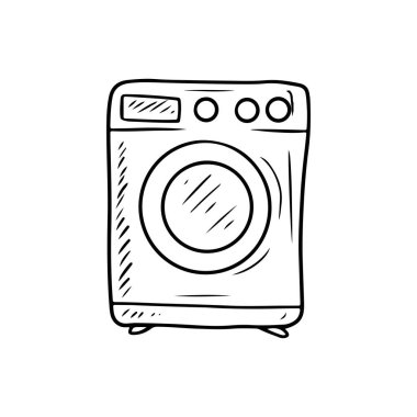 Beyaz arka planda siyah bir yatay açıklığı olan çamaşır makinesi, ve karalama işlemeli vintage sanat tarzında çizilmiş vektör çizimi çizimi. Ev aletleri