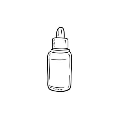 Beyaz arka planda siyah izole edilmiş nemlendirici yüz serumu için damlatıcısı olan güzel gerçekçi bir şişe. El çizimi vektör çizimi çizimi karalama işlemeli sanat klasiği biçimi