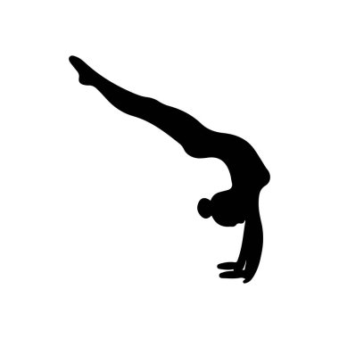 Ellerinin üzerinde duran güzel bir kadın beyaz arka planda siyahlar üzerine eğitim görüyor. El çizimi vektör silueti çizimi. Jimnastik, spor, spor, atletizm, sağlıklı yaşam tarzı, esneme