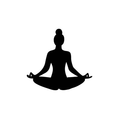 Asya yogasında beyaz arka planda siyah pozlar veren güzel bir kadın. El çizimi vektör silueti çizimi. Nilüfer çiçeği pozu, Padmasana, sağlıklı yaşam tarzı, spor, meditasyon.