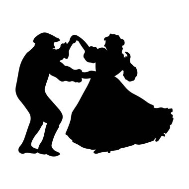 Klasik kostümlü ve elbiseli güzel bir çift beyaz arka planda siyahlar içinde dans ediyor. El çizimi vektör silueti çizimi. Dans sınıfı, festival, maskeli balo konsepti
