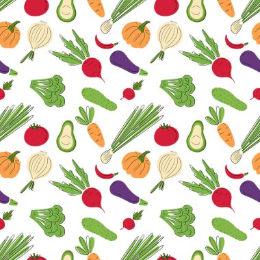 Taze sebzeli, balkabağı, havuç, avokado, pancar, soğan, kabak, turp, salatalık, beyaz arka planda domates. El çizimi vektör düz çizgi film çizimi, yemek pişirme