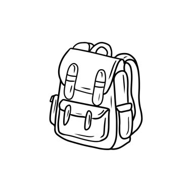 Okul için güzel bir sırt çantası. Beyaz arka planda siyah cepleri var. El çizimi vektör çizimi çizimi, karalama, klasik çizim tarzı. Çocuklar için çanta, üniversite.