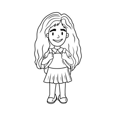 Uzun saçlı ve etekli güzel kız okula geri dönüyormuş. El çizimi vektör çizimi çizimi, karalama, klasik çizim tarzı. Çalış, öğren, öğrenci, çocuk