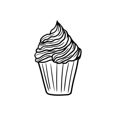 Beyaz arka planda izole edilmiş siyah çikolata kremalı güzel bir kek. El çizimi vektör çizimi çizimi, karalama, klasik çizim tarzı. Tatil tatlısı.