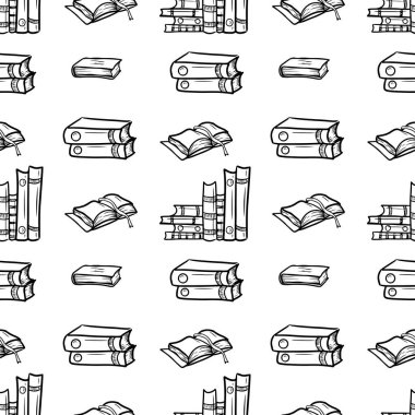 Farklı kitapların katladığı kusursuz desen, beyaz üzerine izole edilmiş siyah defter. El çizimi vektör çizimi çizimi, karalama, klasik çizim tarzı. Bilgi, eğitim, okul.