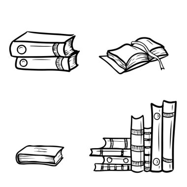 Güzel, gerçekçi, klasik kitaplar, günlük, raftaki siyah ve beyaz kitaplardan oluşan bir set. El çizimi vektör çizimi çizimi karalama çizimi sanat tarzında. Bilgi, okula geri dön.