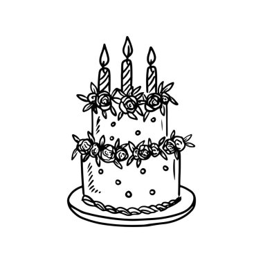 Beyaz üzerine siyah süslemeyle süslenmiş gül çiçekleri ve mumlarla süslenmiş güzel bir doğum günü pastası. El çizimi vektör çizimi çizimi, karalama, klasik çizim tarzı. Mutlu yıllar.