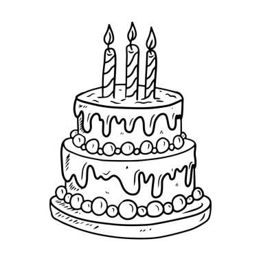 Üç çizgili mumla süslenmiş güzel bir doğum günü pastası ve siyah üzerine siyah iki kesitli toplar. El çizimi vektör çizimi çizimi karalama vintage