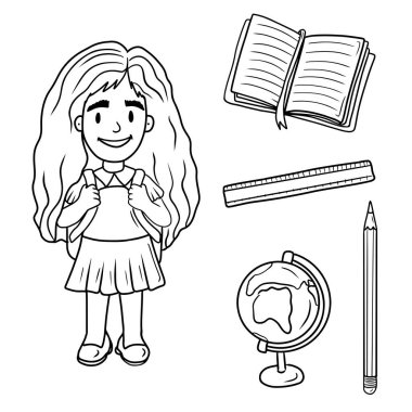 Güzel kız okula kitap, cetvel, dünya haritası kıtalarıyla dünya, beyaz üzerine siyah kalemle dönecek. El çizimi vektör çizimi çizimi karalama işlemeli vintage sanat biçimi