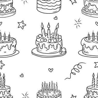 Beyaz arka planda siyah çikolata toplarıyla süslenmiş yanan mumlarla süslenmiş farklı güzel pastalarla kusursuz bir desen. Elle çizilmiş çizim, karalama, eski usul.