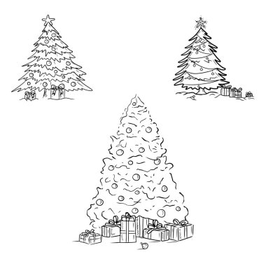Üzerinde yıldız olan güzel bir Noel ağacı seti ve siyah hediye kutuları olan ışıklar. Elle çizilmiş vektör çizimi, karalama vintage oymalı. Mutlu Noeller, mutlu yıllar.