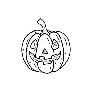 Üçgen gözlü, burunlu ve pürüzlü gülümseyen vektör oymalı Cadılar Bayramı için beyaza siyah çizilmiş. El çizimi vektör çizimi çizimi karalama işlemeli vintage sanat biçimi