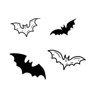 Siyah siluet içinde uçan yarasa koleksiyonu ve beyaz üzerine izole edilmiş çizgi çizgisi çizimi. El çizimi vektör çizimi çizimi, karalama, klasik çizim tarzı. Mutlu Cadılar Bayramı sembolü