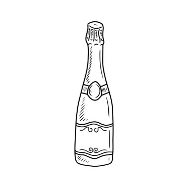 Beyaz arka planda siyah renkte güzel bir şampanya şişesi. El çizimi vektör çizimi çizimi, karalama, klasik çizim tarzı. Alkol köpüklü şarap, tatil