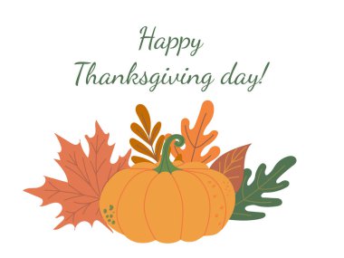 Güz portakalının etrafındaki güzel yuvarlak balkabağı beyaz arka planda izole edilmiş düşen yapraklar. El çizimi düz vektör çizimi. Şükran Günü tebrik kartın kutlu olsun.