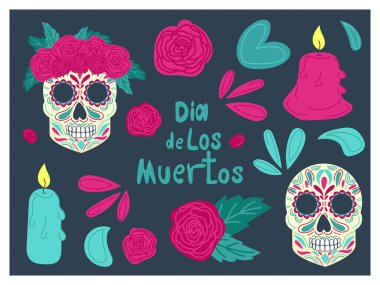 Dekore edilmiş kafatasları, güller, mumlar ve koyu arkaplanda neşeli elementlerle el yapımı Dia de los Muertos çizimi düz vektör seti. Kültürel etkinlikler ve kutlamalar için mükemmel.