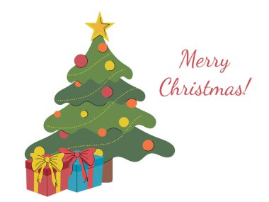 Mutlu noeller. Beyaz arka planda hediye kutuları olan güzel bir Noel ağacı. El çizimi düz vektör çizimi. Kış sembolü, tatil, kutlama