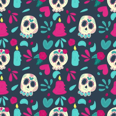 Dia de los Muertos desenli el çizimi düz vektör deseni. Süslü kafatasları, güller, mumlar ve koyu arkaplanda şenlikli elementler. Terfi için mükemmel.