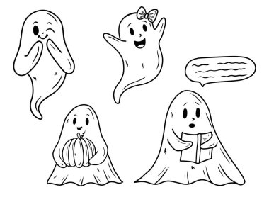 Elle çizilmiş şirin, mutlu hayaletlerle dolu bir set kitap, okuma, beyaz üzerine izole edilmiş siyah balkabağı. Karalama işlemeli klasik sanat tarzında çizim çizimi. Mutlu Cadılar Bayramı