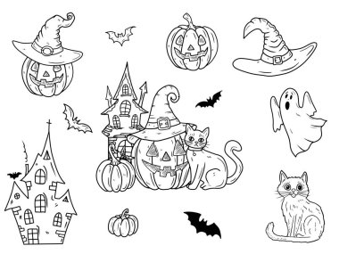Cadılar Bayramı çizimleri perili ev, kilise, kale, cadı şapkası oyulmuş yüzlü balkabağı, kedi, uçan yarasalar, hayalet. El çizimi vektör çizimi çizimi karalama işlemeli sanat klasiği