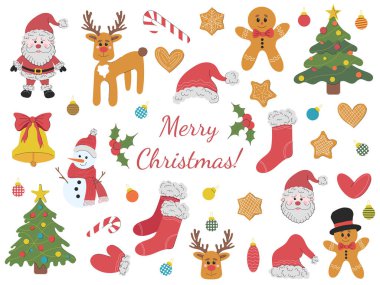 Beyaz arka planda çok güzel Noel çizimleri var. El çizimi düz renkli ikon. Ren geyiği, Noel Baba, zencefilli kurabiye, Noel ağacı, çorap, eldiven, şeker kamışı, Noel çanı.