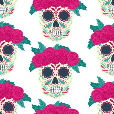 Güzel, pürüzsüz desenli, süslenmiş kafatası ve gül çelengi Ölüler Günü ve Dia de los Muertos 'un sembolü. Geleneksel Meksika tatili. Yazdırma ve doku için tekrarlanabilir dokuyu hazırla