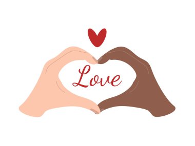 Uluslararası romantik ilişkiler. Sevimli çift aşk jesti. Düz bir şekilde elle çizilmiş vektör çizimi. İki el aşk jesti yapıyor. Elleri beyaz, siyah ve kalp şeklinde.