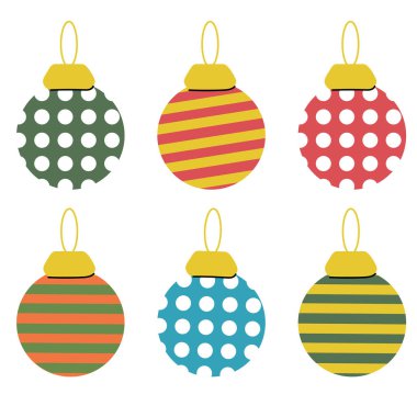 Set of different round christmas tree decoration striped and spotted in red, yellow, blue green color on white background. Hand drawn vector flat colored illustration. Greeting card decoration, winter