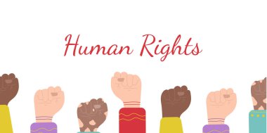 İnsan hakları için bir protesto sembolü olarak yükselen yumruklar. Çeşitlilik kavramı, ırk çatışmaları, vitiligo hastalıkları. Düz bir şekilde elle çizilmiş vektör çizimi. İnsan elleri havada, kışkırtma, seçimler