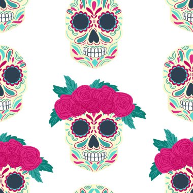 Güzel, pürüzsüz desenli, süslenmiş kafatası ve gül çelengi Ölüler Günü ve Dia de los Muertos 'un sembolü. Geleneksel Meksika tatili. Yazdırma ve doku için tekrarlanabilir dokuyu hazırla