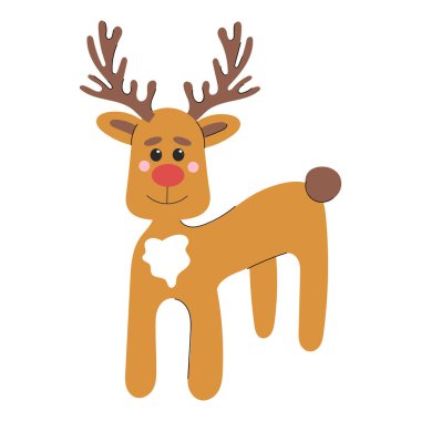 Büyük boynuzları ve beyaz arka planda izole edilmiş kırmızı burunlu mutlu bir geyik. El çizimi düz vektör çizimi. Noel geyiği ayakta duruyor, tek etiket tasarımı