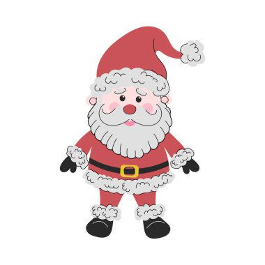 Kırmızı kostümlü güzel Noel Baba, beyaz arka planda izole edilmiş uzun sakallı. El çizimi düz vektör çizimi. Mutlu Noeller ve mutlu yıllar. Karakter, sembol, kış