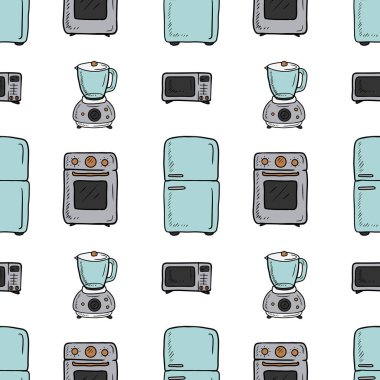 Mutfak teknisyenleri ile vektörsüz şablon: buzdolabı, fırın, mikrodalga fırın, tezgah blenderi, beyaz arka planda çamaşır makinesi. El çizimi vektör çizimi vintage tarzında