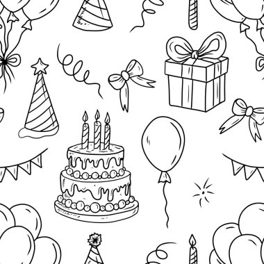 Beyaz arka planda siyah desenli kusursuz bir doğum günü kutlaması kağıdı. El çizimi vektör çizimi çizimi, karalama, klasik çizim tarzı. Yazdır, dekorasyon
